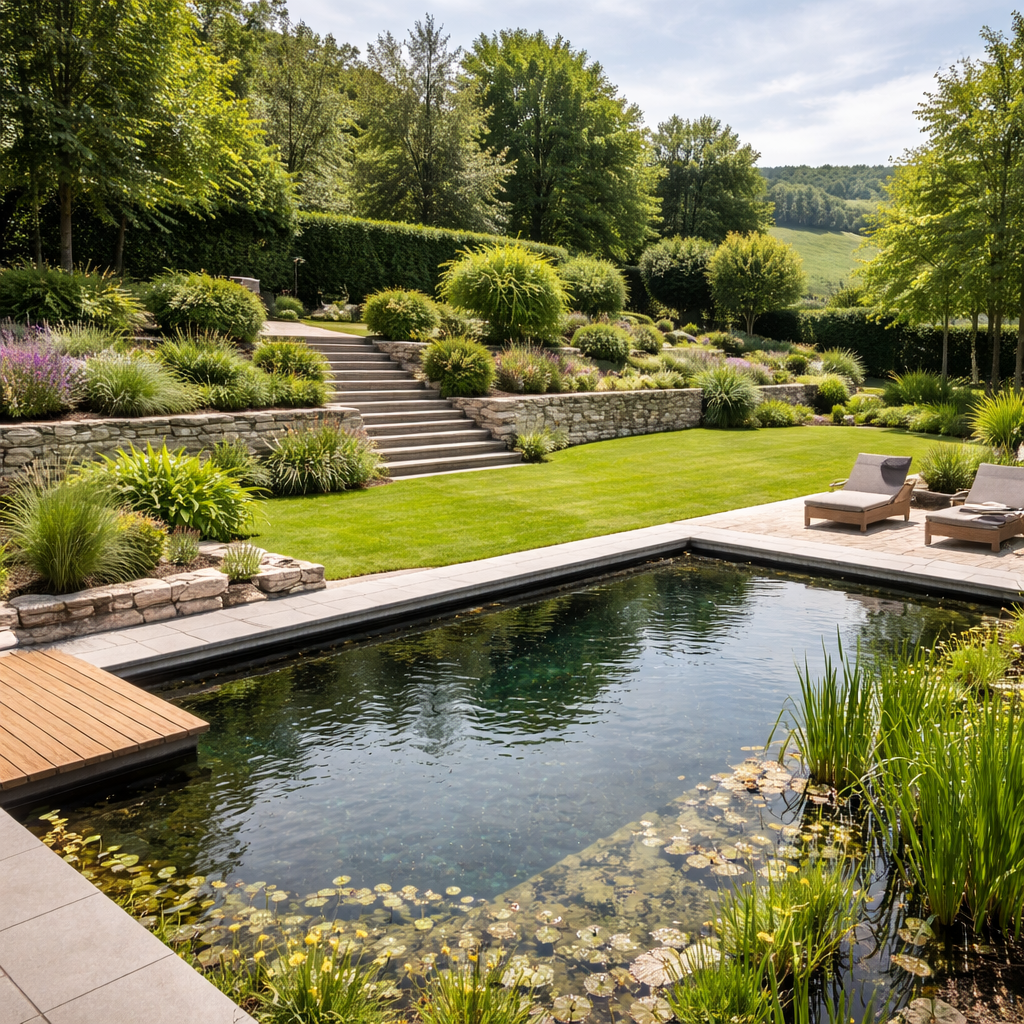 Garten und Landschaftsbau haben einen einen wunderschönen Garten gebaut