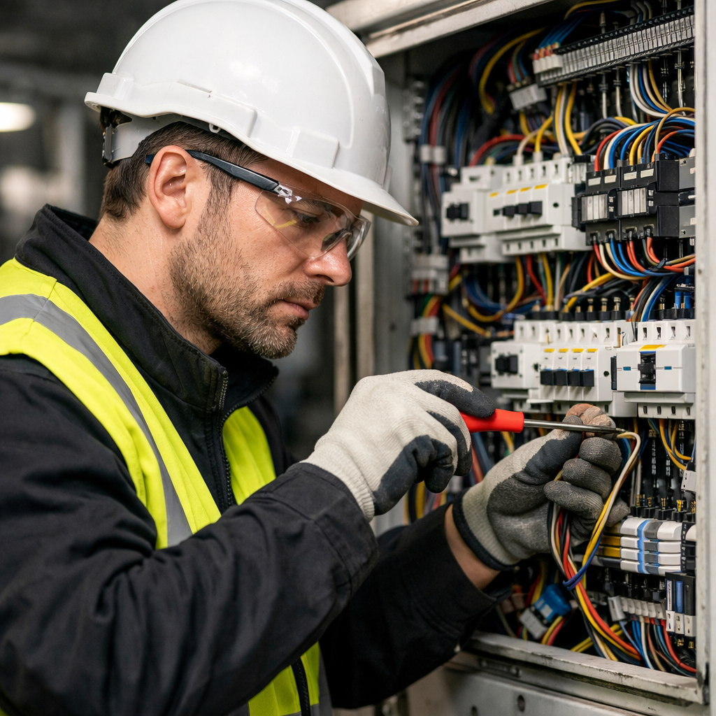 Ein Elektroniker mit Helm und Handschuhen ist konzentriert am arbeiten